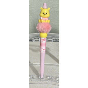 Custom Beaded Pen Winnie the Pooh Bear Pink Bow Furry Bead Handmade Girly